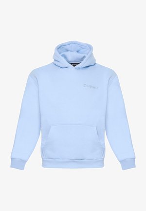 Helleblaue Kapuzenjacke aus weichem Stoff, mit einer Fronttasche, elastischen Bündchen und einem gestickten Logo auf der Brust.