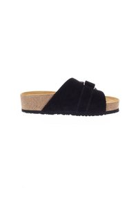 Schwarze Wildleder-Sandale mit zwei breiten Riemen, Korksohle und strukturiertem schwarzen Gummisohle. Minimalistisches Design mit natürlichem Finish.