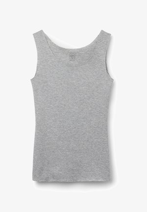 Graues ärmelloses Tanktop aus Baumwollmischgewebe. Mit einem runden Ausschnitt und einem schlichten, nahtlosen Design. Weiche Textur, leicht.