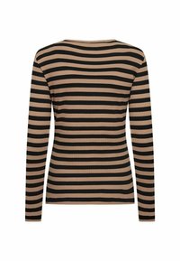 Langsleeve top met een geribbelde textuur en afwisselende zwarte en beige strepen, een ronde halslijn en zijsplitten aan de onderkant.