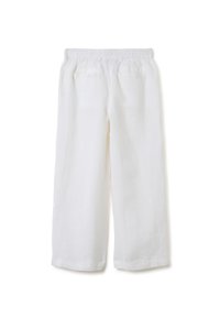Witte linnen broek met een elastische tailleband, met een ontspannen pasvorm en twee achterzakken. Glad textuur, brede pijpen en geen zichtbare patronen.