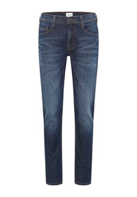 Mörkblå denimjeans med femficksdesign, rak passform, subtila blekningar och kontrasterande orange sömmar. Klassisk knapplåsning och dragkedja.