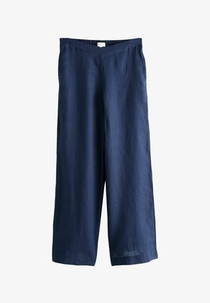 Navy blue wide-leg linen pants with an elastic waistband. Smooth texture with a simple design and no visible embellishments.