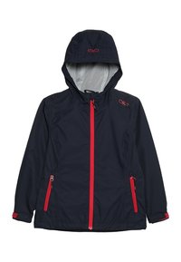 Giacca impermeabile blu navy con cappuccio, dotata di zip rosse, due tasche laterali, polsini elasticizzati e interno rivestito in rete.