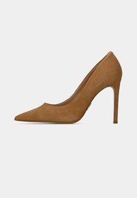 Καφέ σουέντ γόβα με μυτερή μύτη και λεπτό τακούνι στιλέτο σε λευκό φόντο, πλευρική όψη.