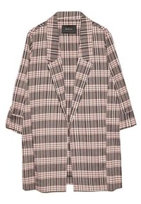 Blazer a quadri con una combinazione di colori grigia, crema e rosa. Realizzato in materiale leggero con una vestibilità ampia e design aperto davanti.
