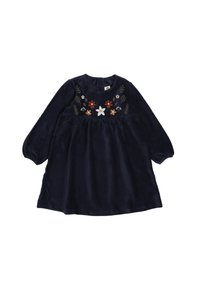 Marineblaues Cordkleid mit langen Ärmeln, geraffter Taille und floraler Stickerei in Rot, Gelb und Grün auf dem Oberteil. Rundhalsausschnitt.