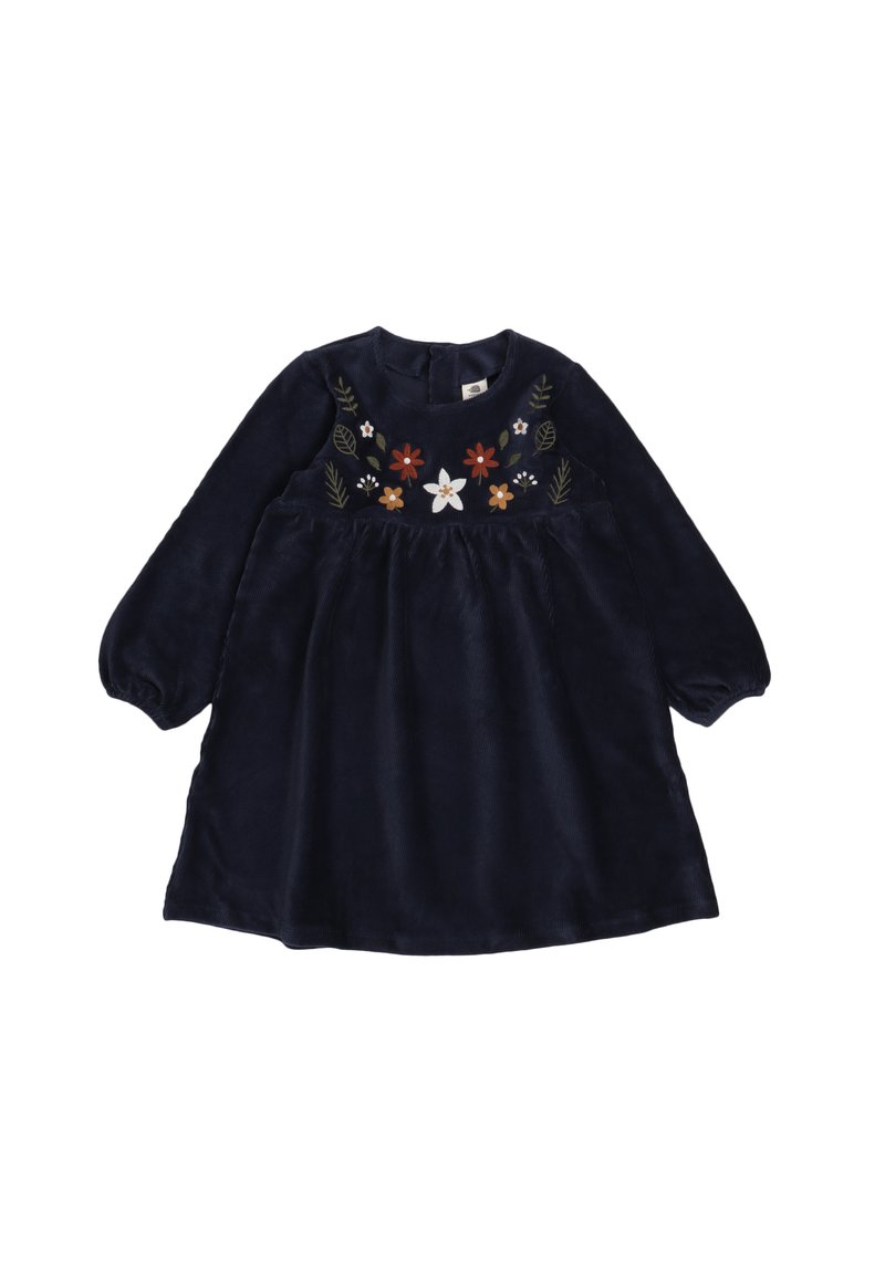 Marineblaues Cordkleid mit langen Ärmeln, geraffter Taille und floraler Stickerei in Rot, Gelb und Grün auf dem Oberteil. Rundhalsausschnitt.