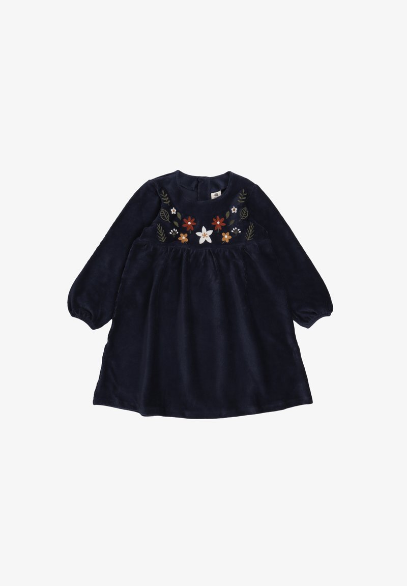 Marineblaues Cordkleid mit langen Ärmeln, geraffter Taille und floraler Stickerei in Rot, Gelb und Grün auf dem Oberteil. Rundhalsausschnitt.