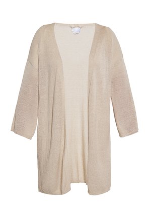 Beige kardigan s otevřeným předním dílem vyrobený z lehké, texturované pleteniny. Má 3/4 rukávy a volný střih, ideální pro vrstvení.