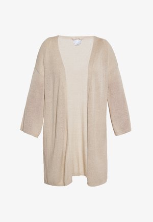 Beige, nyitott elülső kardigán könnyű, texturált kötött anyagból. 3/4-es hosszú ujjú, laza fazonú, amely ideális rétegezéshez.