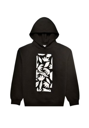 Black hoodie with a white floral design and text on a rectangular patch. Features a front pocket and a drawstring hood. Cozy material.