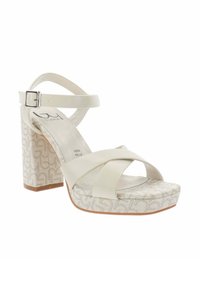 Sandali con tacco alto beige da donna con cinturino alla caviglia, fascette incrociate sul davanti e tacco e suola in blocco decorati.