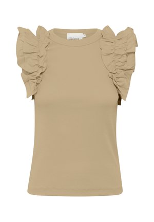 Beige Kurzarmoberteil mit Rüschendetails an den Schultern, glatter Textur und tailliertem Schnitt. Baumwollmischgewebe mit rundem Ausschnitt.