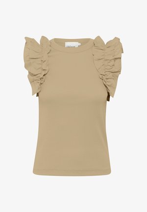 Beige Kurzarmoberteil mit Rüschendetails an den Schultern, glatter Textur und tailliertem Schnitt. Baumwollmischgewebe mit rundem Ausschnitt.