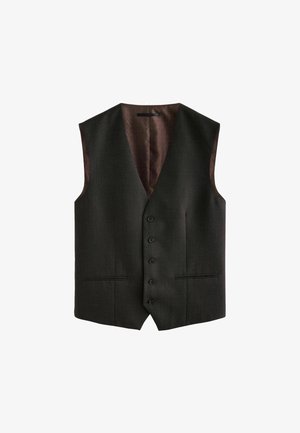 Dunkelgraue Weste aus strukturiertem Stoff, mit sechs schwarzen Knöpfen und einem braun gemusterten Futter. Sie hat einen V-Ausschnitt und Seitentaschen.
