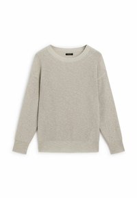 Pull en tricot gris clair avec un col rond, des épaules tombantes et des manches longues. Présente un design texturé avec un tissage ouvert.