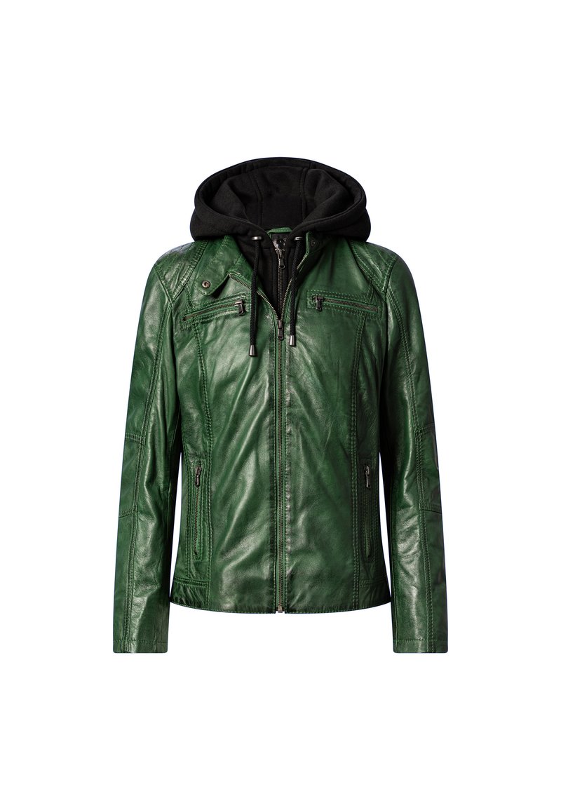 Grüne Lederjacke mit schwarzer Kapuze, ausgestattet mit Reißverschlusstaschen, glatter Textur und strukturiertem Schnitt. Akzentuiert mit Nähdetails.