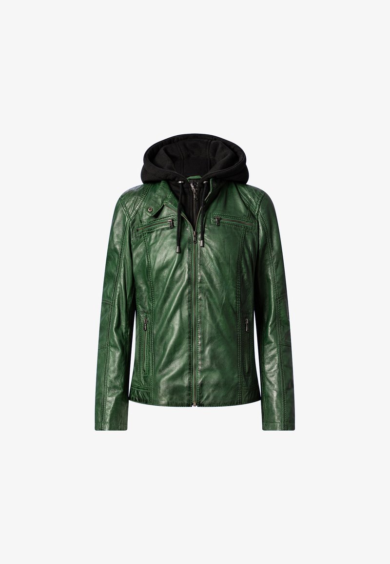 Groene leren jas met een zwarte capuchon, voorzien van ritszakken, een soepele textuur en een gestructureerde vorm. Versterkt met stikseldetails.