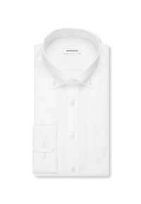 Weißes Hemd aus Baumwolle mit langen Ärmeln, Knopfleiste, geknöpftem Kragen und Innenetikett der Marke "seidensticker", sorgfältig gefaltet.