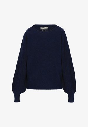 Blå sweater lavet af blødt stof, med en afslappet pasform, brede ærmer med ribbet tekstur og rund halsudskæring.