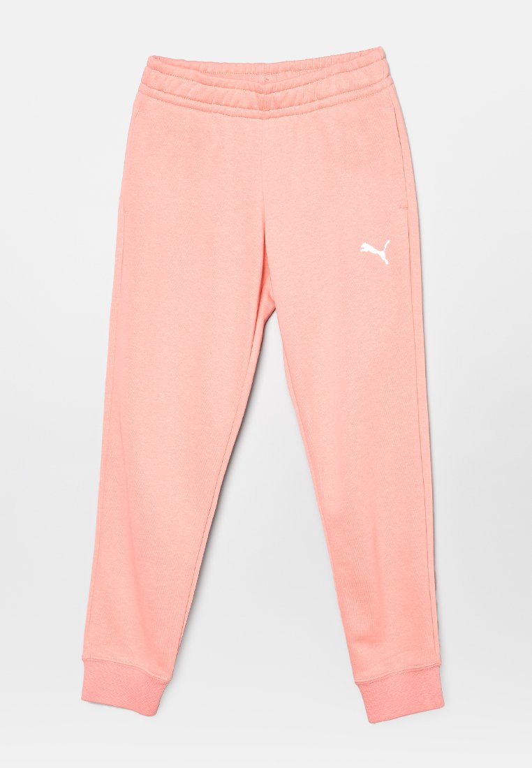 Pantaloni della tuta in cotone rosa con elastico in vita, design a gamba affusolata e logo Puma bianco sul lato sinistro. Texture liscia, senza tasche.