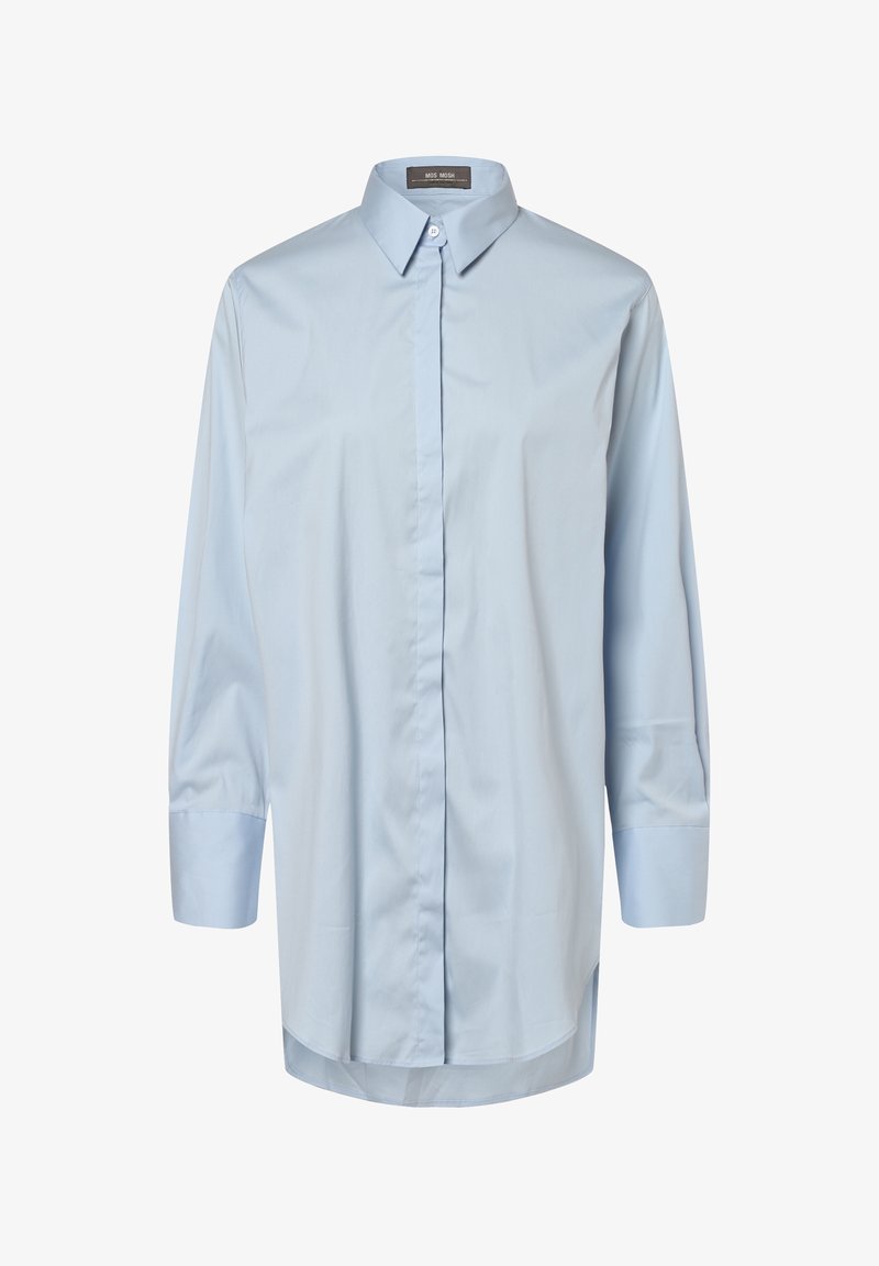 Chemise bleu clair à manches longues avec col pointu et boutons cachés sur le devant, conçue pour une coupe ample et oversize.