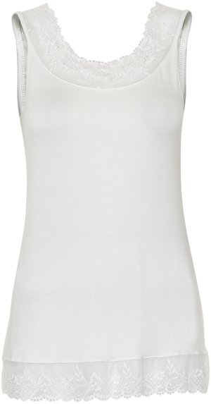 Witte mouwloze tanktop met een ronde halslijn, voorzien van een bloemenkantafwerking bij de hals en zoom, gemaakt van zachte, gladde stof.
