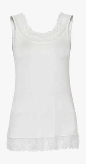 Weißes ärmelloses Tanktop mit Rundhalsausschnitt, versehen mit floralem Spitzenbesatz am Ausschnitt und Saum, aus weichem, glattem Stoff gefertigt.