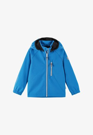 Blue children's hooded jacket with front zipper, zippered chest pocket, elastic cuffs, and black inner hood lining on white background.
