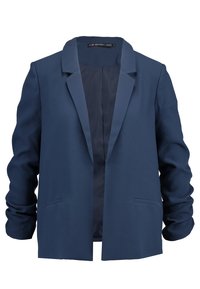 Blazer azul marino con solapas muestradas, frente abierto y dos bolsillos laterales. Hecho de una tela suave con un diseño estructurado y mangas largas.