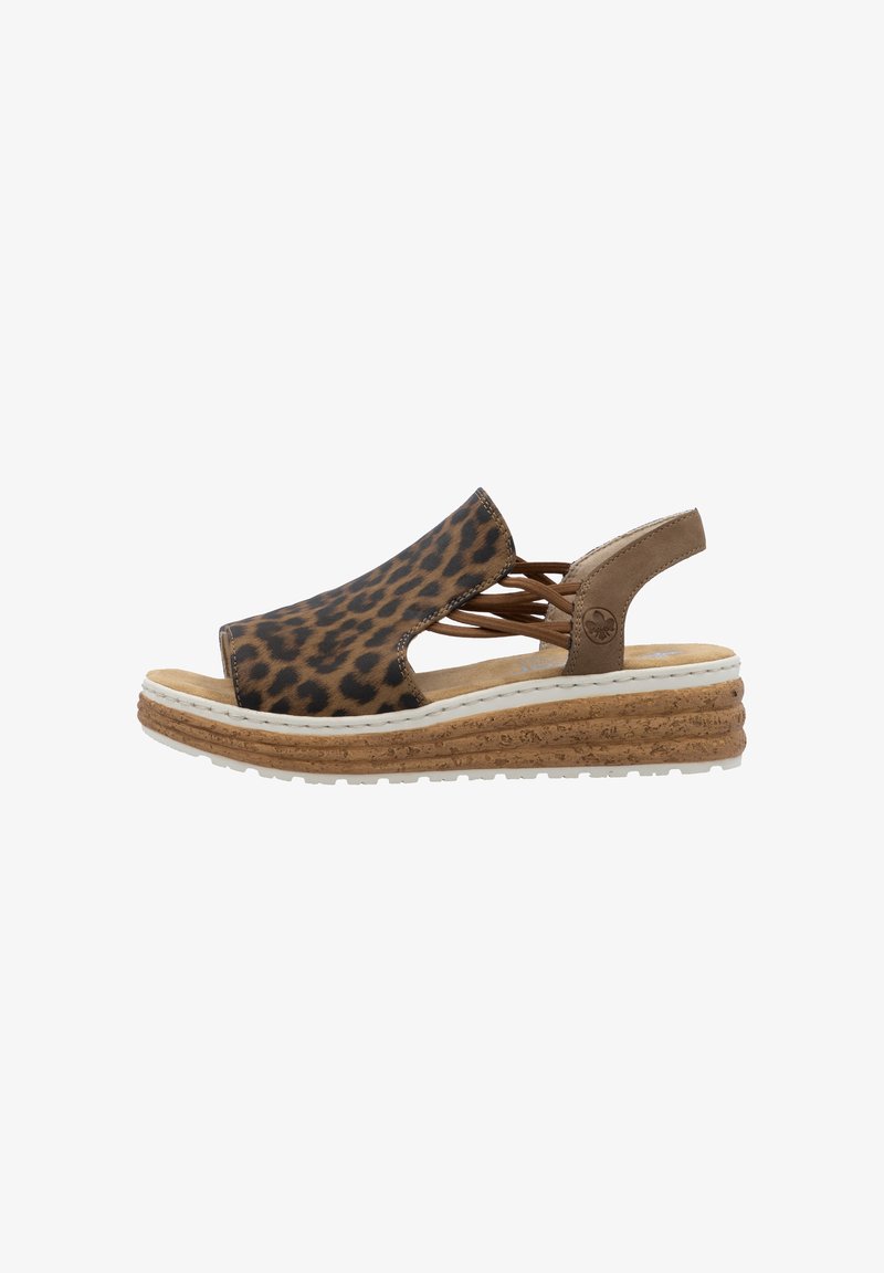 Leopard print sandal featuring a cork sole, open design, brown accents, and a slanted heel for a secure fit. Platform height is moderate.