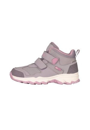 Kinder High-Top Sneaker in Grau und Pink mit zwei Klettverschlüssen und dicker weißer Sohle mit pinker Profilsohle.