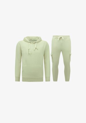 Lichtgroene hoodie met voorzak en koordjes, gecombineerd met bijpassende slim-fit joggingsbroek met zijvakken en een koord in de taille.