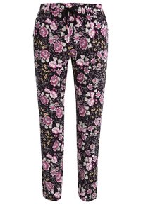 Pantalons noirs fuselés avec un motif floral rose, blanc et jaune et un cordon noir à la taille élastique.
