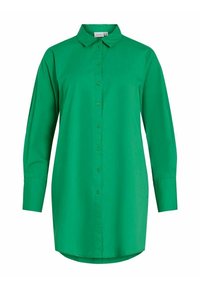 Zelená košile na knoflíky vyrobená z hladké látky, s klasickým límečkem, dlouhými rukávy a rovný střih. Jednoduchý design bez vzorů.
