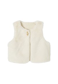 Cremefarbener, weicher, gefälschter Pelz ärmelloser Weste mit einem einzigen Knopfverschluss und beiger Innenfutter mit Punkten.