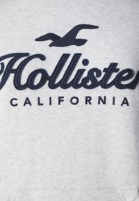 Felpa grigio chiaro con scritta ricamata in blu scuro "Hollister" e "California", con un logo di gabbiano blu scuro sopra il testo.