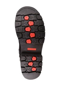 Czarna gumowa podeszwa z heksagonalnym wzorem bieżnika, z czerwonymi heksagonalnymi akcentami oraz wytłoczonym logo "Harley-Davidson".