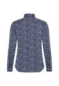 Camicia a maniche lunghe con bottoni, caratterizzata da un denso motivo astratto blu e nero, mostrata da dietro su uno sfondo bianco.