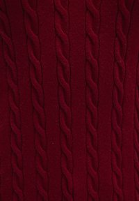 Rot gestrickter Pullover mit einem strukturierten Zopfmuster und erhabenen Zöpfen. Der Stoff wirkt weich und flexibel, ideal zum Layering.