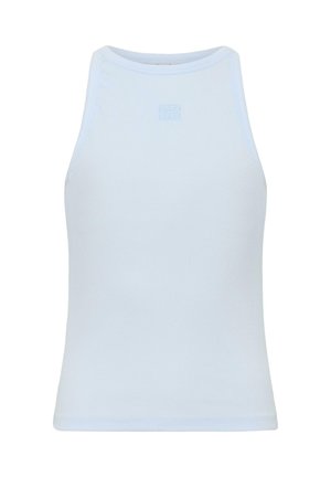 Lichtblauw mouwloos tanktopje van geribbelde stof, met een ronde halslijn en een subtiel logo dat aan de voorkant is gestikt.