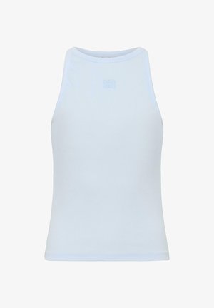Lichtblauw mouwloos tanktopje van geribbelde stof, met een ronde halslijn en een subtiel logo dat aan de voorkant is gestikt.