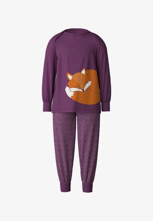 Purple pajama set featuring a long-sleeve top with a sleeping fox illustration and patterned, ankle-length pants with white dots.