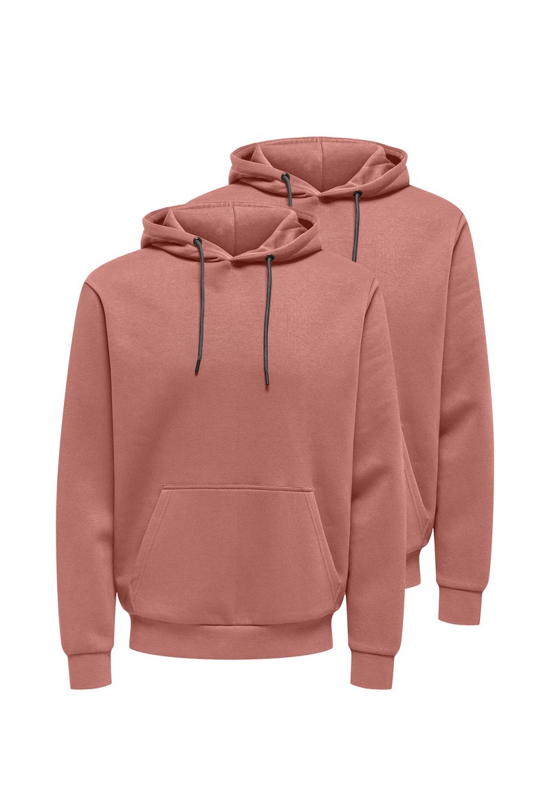 Due felpe rosa realizzate in tessuto morbido, con coulisse, tasca frontale, maniche lunghe e polsini e orlo a coste.