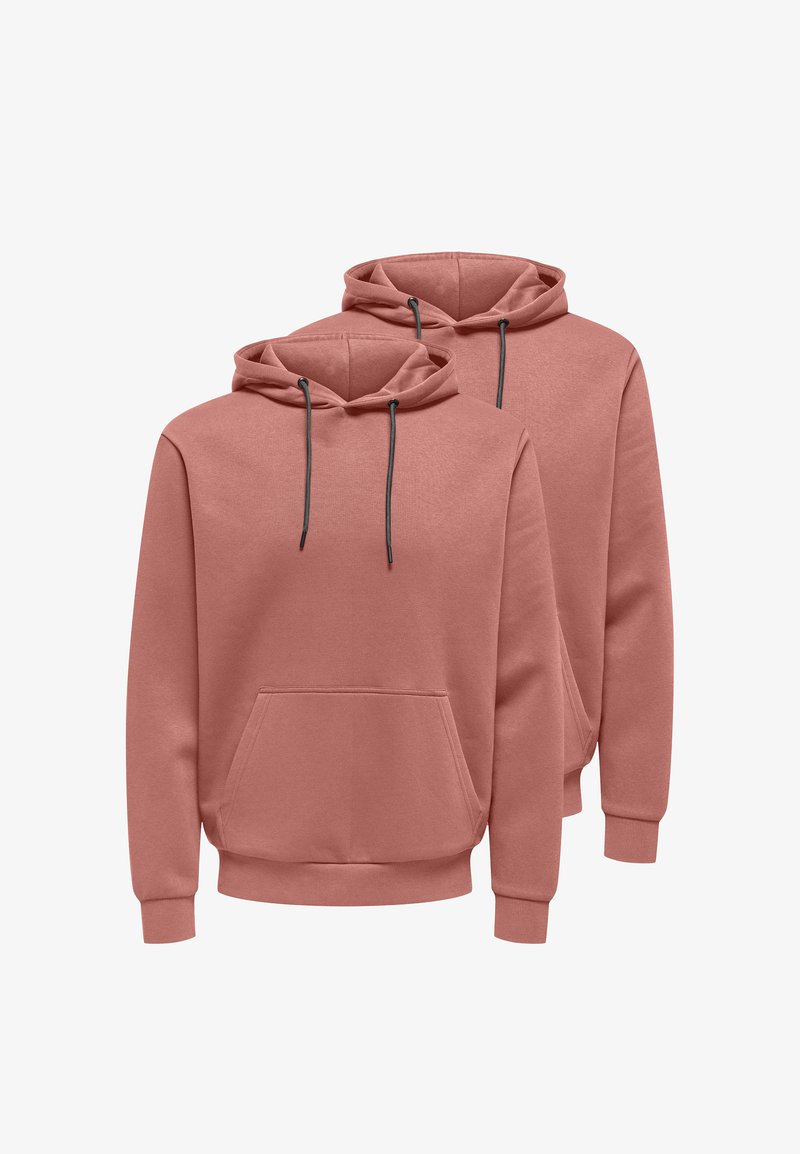 Due felpe rosa realizzate in tessuto morbido, con coulisse, tasca frontale, maniche lunghe e polsini e orlo a coste.