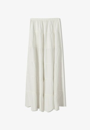White maxi skirt featuring a tiered design with gathered elastic waistband, smooth texture, and flowing silhouette.