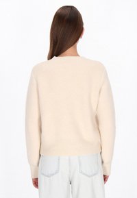 Beige Strickpullover mit langen Ärmeln, rundem Halsausschnitt und geripptem Saum, aus weichem Material gefertigt. Die Rückansicht zeigt eine glatte Textur und eine lockere Passform.
