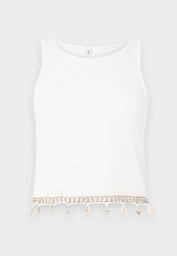 White sleeveless crop top with a ribbed texture, featuring a decorative trim with seashells and starfish at the hemline.