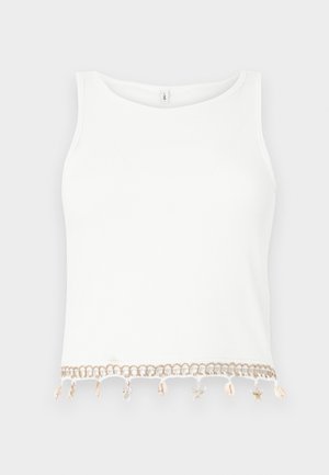Hvit ermeløs crop top med ribbestruktur, med en dekorativ kant med skjell og sjøstjerner ved kantlinjen.